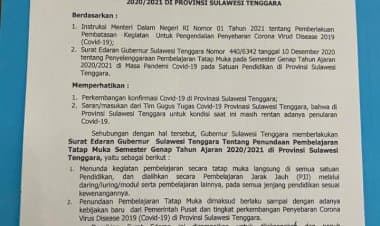 Gubernur Sultra Terbitkan Surat Edaran Penundaan Pembelajaran Tatap Muka 2021