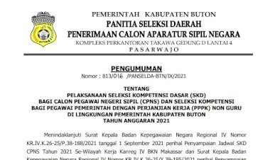 Pengumuman Pelaksanaan SKD CPNS/PPPK TA 2021 Lingkup Pemkab Buton, Lengkap Jadwal, Lokasi dan Nama Peserta