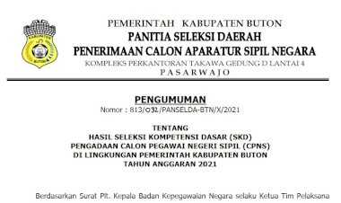 Pengumuman Hasil SKD CPNS Lingkup Pemkab Buton Tahun Anggaran 2021