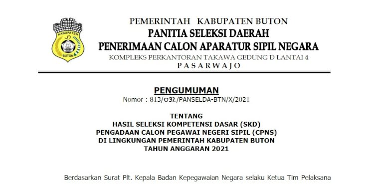 Pengumuman Hasil SKD CPNS Lingkup Pemkab Buton Tahun Anggaran 2021